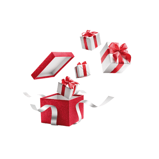 Gifts bursting out from red open gift box over white background
