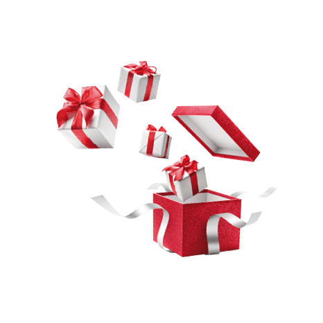 Gifts bursting out from red open gift box over white background