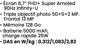 • cran 6,7’’ FHD+ Super Amoled 90Hz Infinity U • Triple objectif photo 50+5+2 MP. Frontal 13 MP • M moire 128 Go • B...
