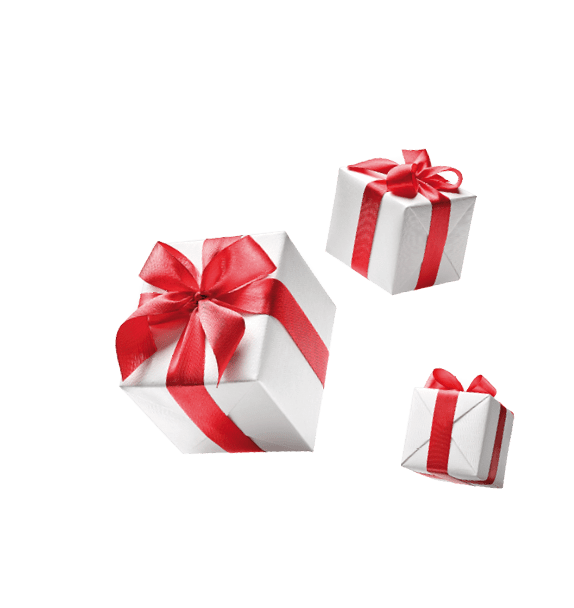 Gifts bursting out from red open gift box over white background